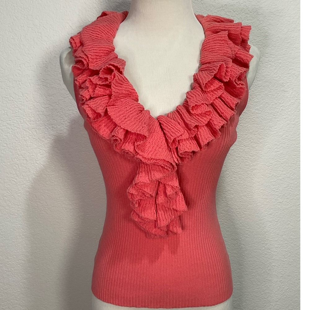 Trina Turk Womens Coral Knit Tank Top Ruffle Collar V Neck Sleeveless‎